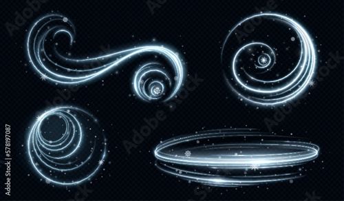 Winter wind, cold air with snow effect. White clouds of whirlwind with snowflakes and ice particles, vector realistic set isolated on transparent background