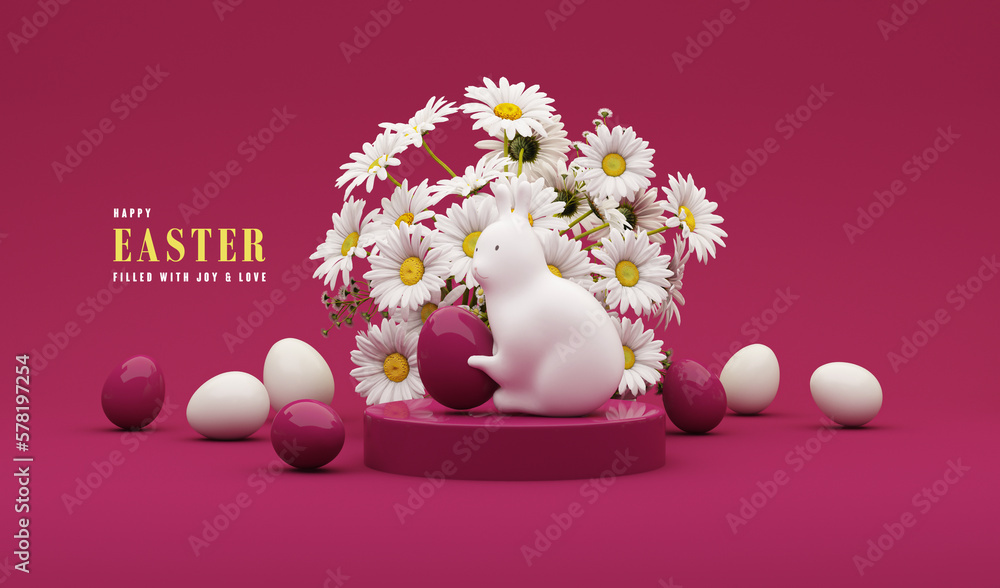 3D display podium, creative easter egg on dark pink background, Daisy flowers with white Rabbit. Happy Easter Holiday background. Viva magenta is a trend colour year in Easter.3d render