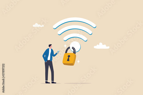 Wifi encryption, wireless security or safety for internet connection, network protection or mobile access, password encryption concept, man mobile user connect to wifi network with padlock encryption.