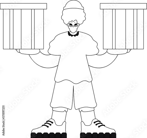 He grips a box, ready to deliver. Cargo by hand, simple lines, vector art.