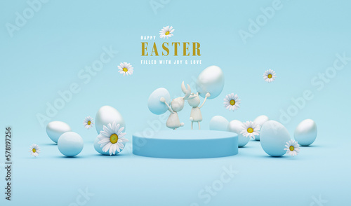 Photography 3D display podium, creative easter egg on pastel blue background, Daisy flowers with Rabbit