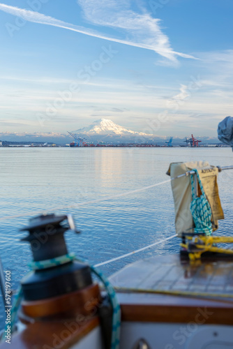 View from the ocean from the yacht to Mount Rainier in winter