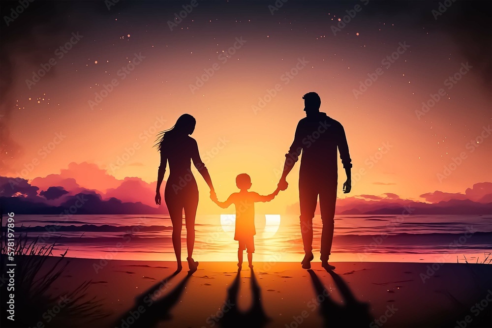 Fototapeta premium happy young family holding hands having fun on the beach with sunset view. Created with Generative AI technology.