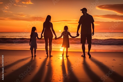 happy young family holding hands having fun on the beach with sunset view. Created with Generative AI technology.