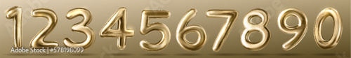 3d gold numbers font. Golden balloons for birthday party, anniversary celebrate, new year holiday. Icons of glossy 3d digits, vector realistic illustration isolated on background