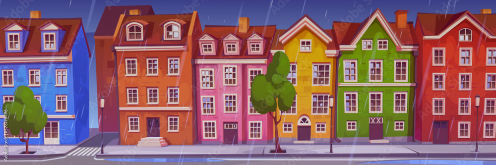 Rain in scandinavian city street with traditional buildings, green trees, lanterns on sidewalk, water drops falling on roofs of buildings, puddles on road. Wet climate. Vector cartoon illustration
