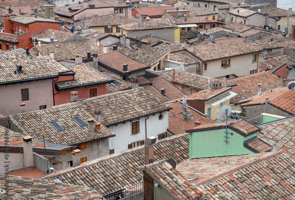 View from height on roofs of italian resort Malcesine Garda Lake