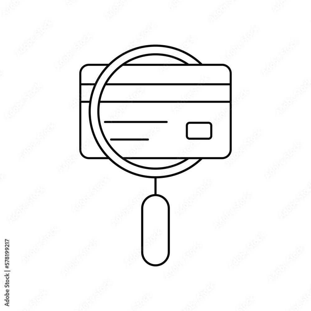 black thin line credit card on easy overview. simple outline modern finance inquiry logotype graphic design isolated on white. concept of banking risk detection or check falsification or good score black thin line credit card on easy overview. simple outline modern finance inquiry logotype graphic design isolated on white. concept of banking risk detection or check falsification or good score