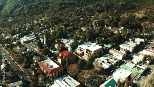 Drone shot of downtown Sonora CA in Tuolumne County. photo