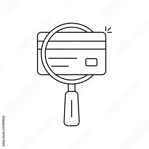 black thin line credit card on easy overview. simple outline modern finance inquiry logotype graphic design isolated on white. concept of banking risk detection or check falsification or good score