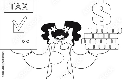 Girl holds tax return and stack of coins in their hands, depicted in a linear style illustration.