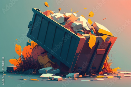 overflowing dumpster, its contents spilling onto the street AI generation.