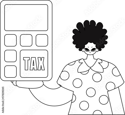 Man grips a calculator. Linear vector drawing.