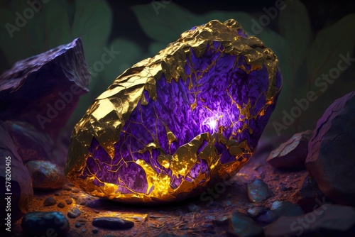 mysterious purple luminous stone with gold reflections, created with generative ai photo