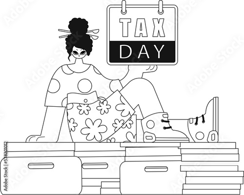 Girl sits atop pile of docs, calendar in hand. Tax Day. Vector illus. in linear style.