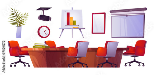 Empty office meeting boardroom cartoon vector interior set. Isolated conference place furniture with table, board and projector illustration on white background. Corporate team management workplace.