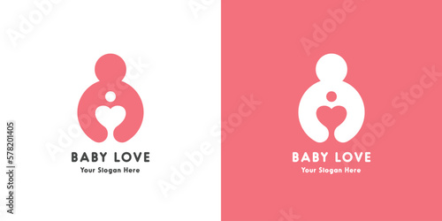 Baby Mother Love logo design illustration. Silhouette of Mother hugging baby in circle shape. Mommy pregnant simple flat design style