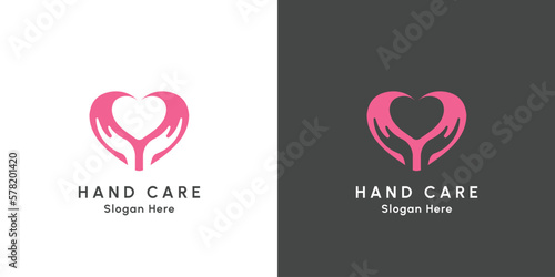Give love logo design illustration. Creative idea icon hand giving love heart caring affection in heart shape. Simple flat design style