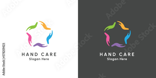 Union community social care foundation logo design illustration. Creative idea rotating colorful hand icon with a donate gesture. Simple flat pattern design style