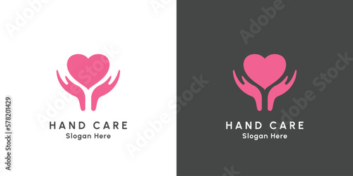 Give love logo design illustration. Creative idea icon hand giving love heart caring affection. Simple flat design style