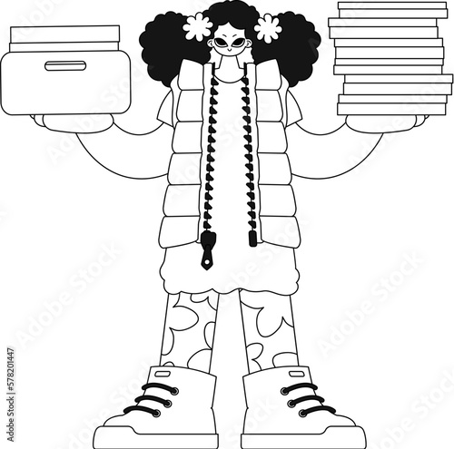 Girl holds stacks of docs. Illustration uses linear vector style.