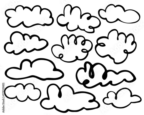 Vector set of decorative graphic doodle clouds. Hand drawn graphic bubbles of frames