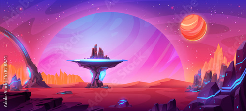 Space game vector background. Fantasy alien planet with red sand. Mars ground surface landscape with rock. Futuristic cosmic purple and pink wallpaper asset for arcade research environment.