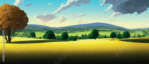 Green field, tree and blue sky. Gorgeous as background, web banner. Spring landscape in the countryside with a green meadow on the hills with blue sky, vector summer or spring landscape, panoramic photo