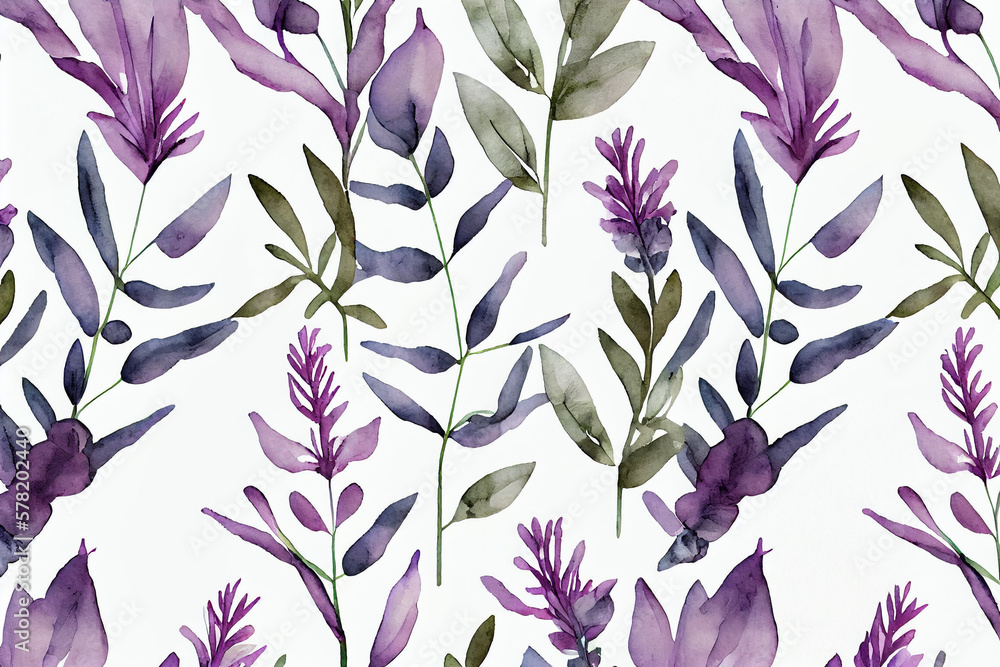 Fototapeta premium Botanical watercolor wallpaper pattern. purple tone. generative ai