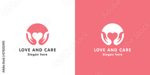 Illustration of love care compassion logo design. Silhouette of hand gesture giving love heart in circle. Simple flat design style