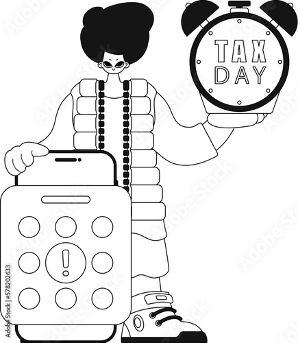 Man with a calendar and alarm clock; it's tax day. Styled with lines as vector art.