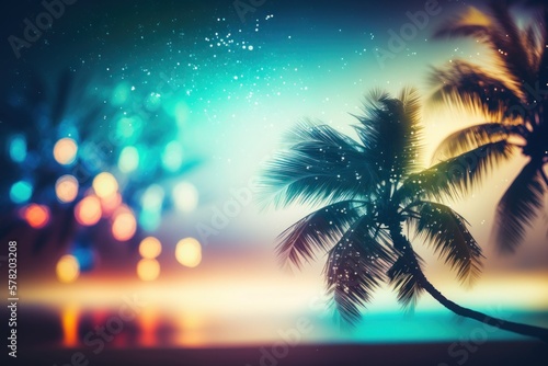 Abstract blurred background of sea and tropical palm beach (Generative AI)