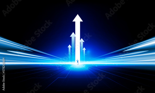 Abstract businessman arrow up of Key Door or interest open businessman Light technology background Hitech communication concept innovation background vector design.