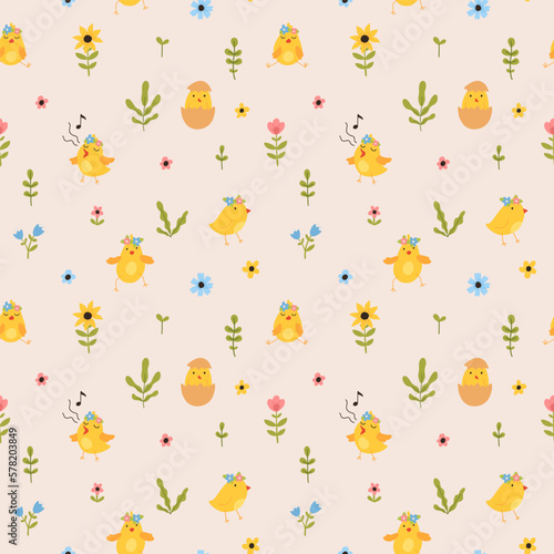 Vector color hand-drawn children cute easter seamless pattern with hens, bunny, easter eggs, flowers in scandinavian style. Easter colorful set. Doodle cartoon spring background. Happy easter.