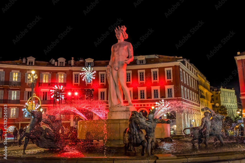 Red Apollo Statue Sun Fountain Plaza Massena Cityscape Nice France