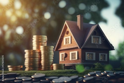 Wallpaper Mural Stacks of coins and house on top. Saving for home concept. Generative AI Torontodigital.ca