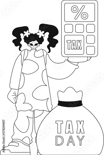 Girl grasps calculator. Linear design. Vector pic.