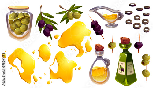 Cartoon set of olive tree branches, glass jar, bottle and splashes of oil isolated on white background. Vector illustration of fresh organic fruit served as appetizer. Cooking and cosmetics ingredient
