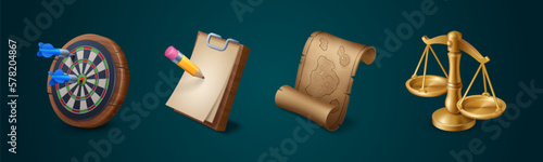 Game icons of target, map, clipboard and scales. 3d game props, dart goal with arrows, notepad with pencil, ancient scroll with map and balance scales, vector cartoon set