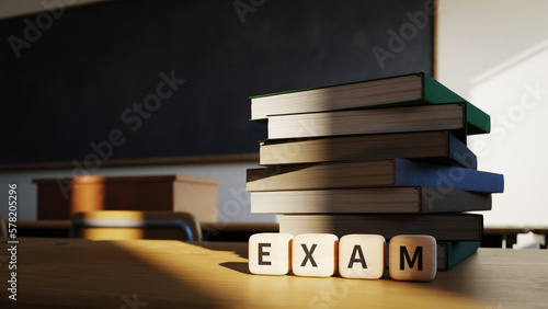 Classroom background with books and a wooden cube with the letters EXAM on it. 3d rendering