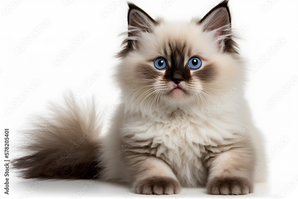 Portrait Ragdoll cat, small kitten portrait isolated on white background photography made with Generative AI