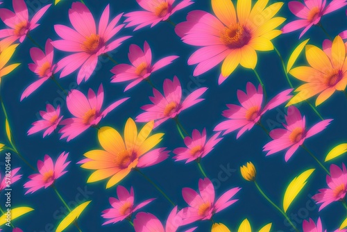 Seamless flowers pattern painting with trendy colors. Print Design  generative ai  perfect for interior  furniture and fashion.