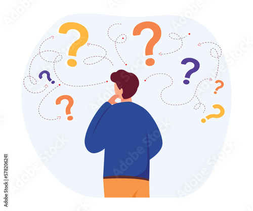 Back view of pensive man standing and making business decision  . Cartoon character thinking about options and questions marks around him.  Vector illustration.