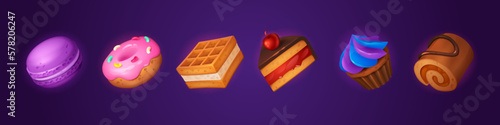 Cartoon set of game cake icons isolated on dark background. Vector illustration of sweet macaroon, donut, waffle, muffin and roulade pieces for 3 match gui design. Delicious desserts collection