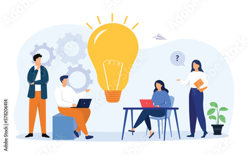 Business team meeting in office concept. Business team discussing ideas for startup. Vector Illustration.