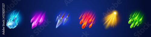 Cartoon set of game skill symbols isolated on dark background. Vector illustration of hammer, magic gemstones, sharp arrows, burning asteroids, bright light flash flying fast. Fantasy clash attack