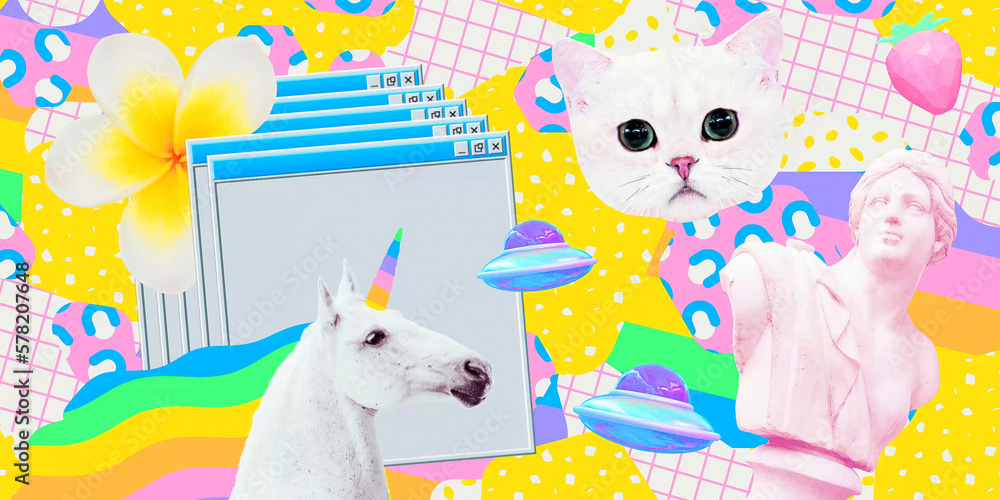 Contemporary digital collage art. Modern trippy design. Unicorn, cat, statue. 80s party style