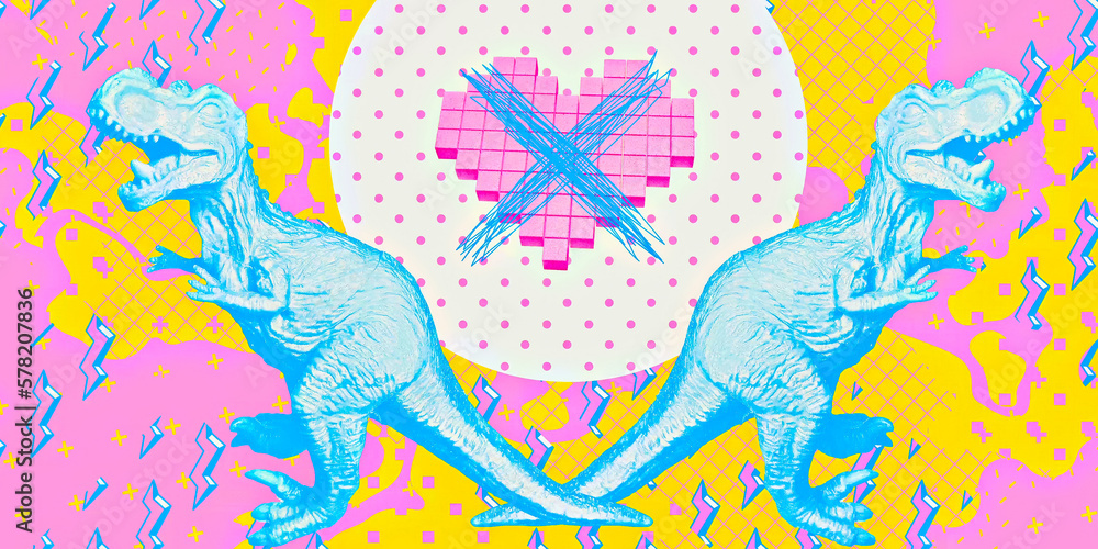 Fototapeta premium Contemporary digital collage art. Modern trippy design. Dinosaurs difficult relationships