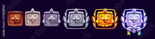 Game rank badge achievement award icon with gem cartoon vector illustration. Isolated square trophy medal set for rating in medieval fantasy app. User progress ancient winner medallion with border.