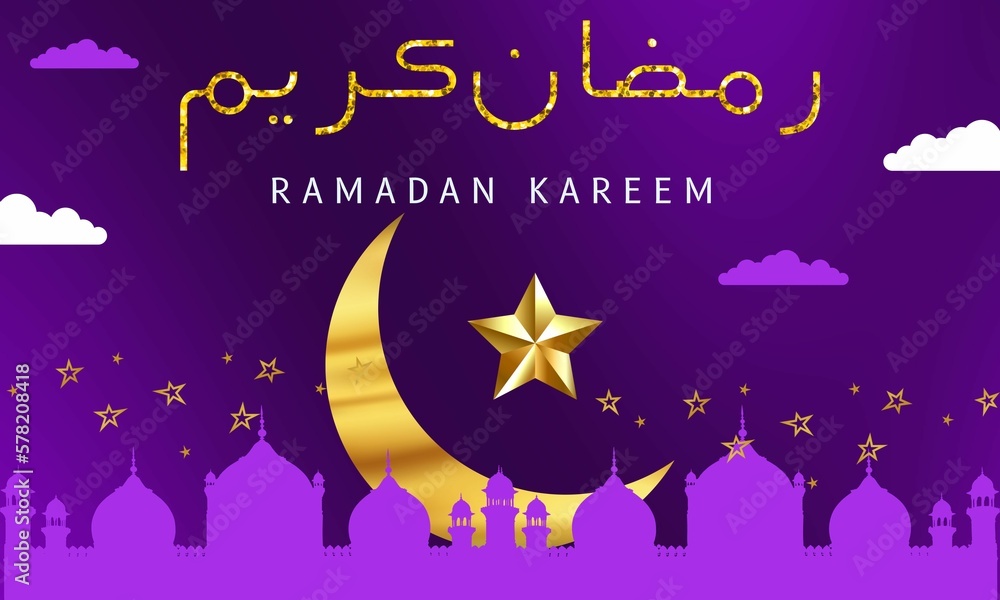 Ramadan Kareem arabic calligraphy with luxury gold moon and purple background